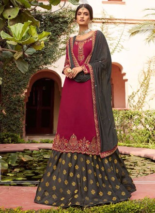 Burgundy & Cream Beige Designer Embroidered Kurti Style Lehenga | Saira's  Boutique