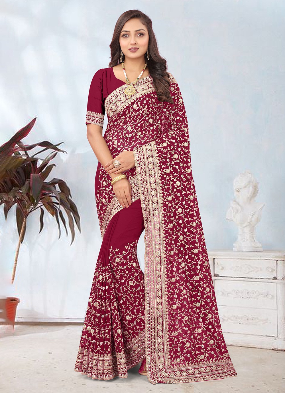 Red Faux Georgette Embroidered Bridal Saree 1209