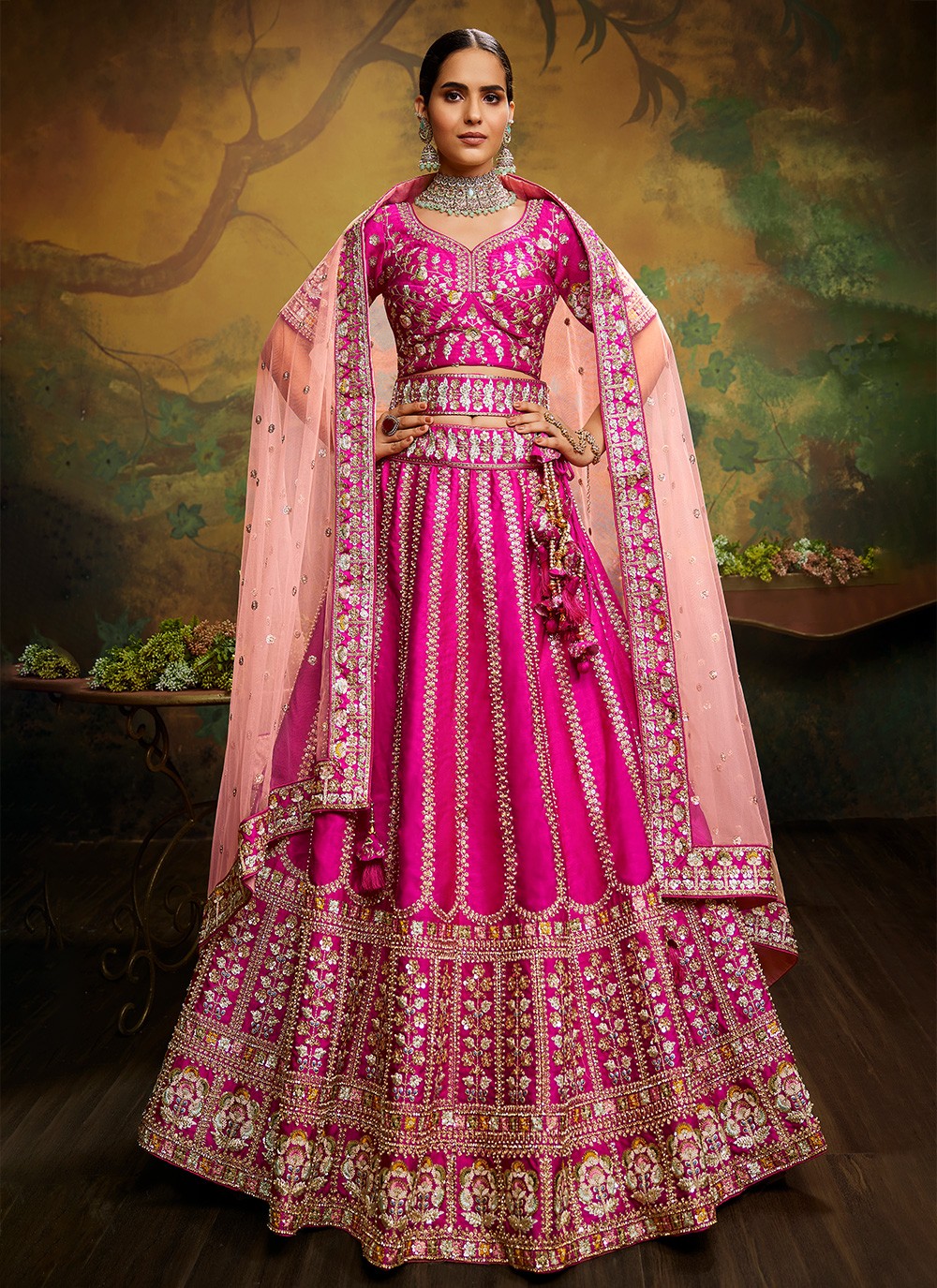 Buy online in India | Rani Pink Leaf Daman Lehenga | Label Shaurya Sanadhya