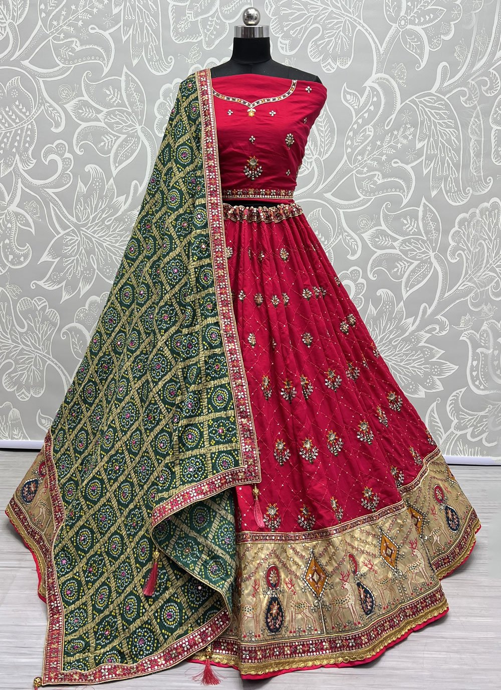 Rani Silk Embroidered, Sequins and Zari Work Lehenga Choli for Reception