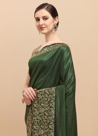 Raw Silk Contemporary Style Saree in Green