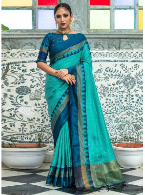 Raw Silk Turquoise Woven Classic Saree