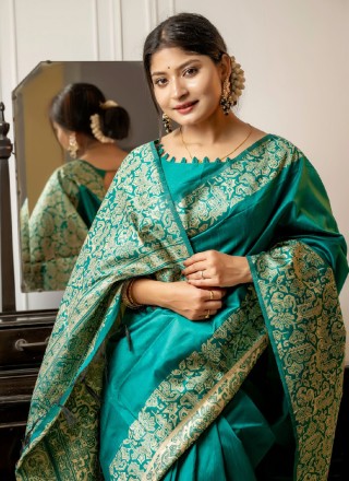 Raw Silk Woven Contemporary Saree in Rama