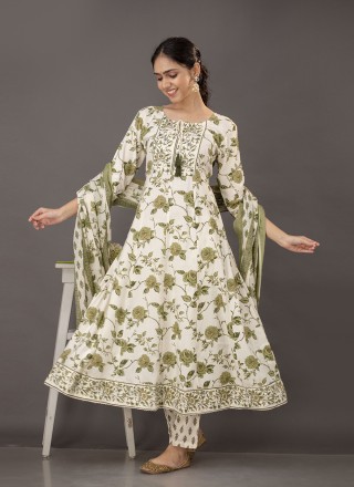 Rayon Cream and Green Digital Print Readymade Designer Salwar Suit