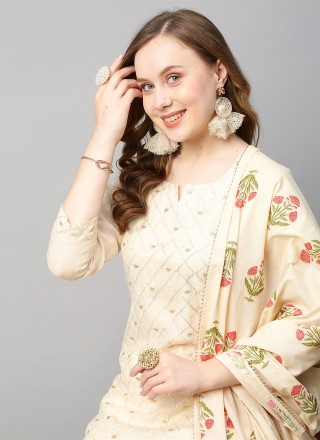 Rayon Cream Printed Long Length Salwar Suit