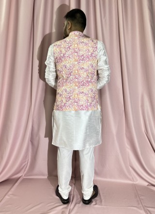 Rayon Embroidered Kurta Payjama With Jacket in Pink and White