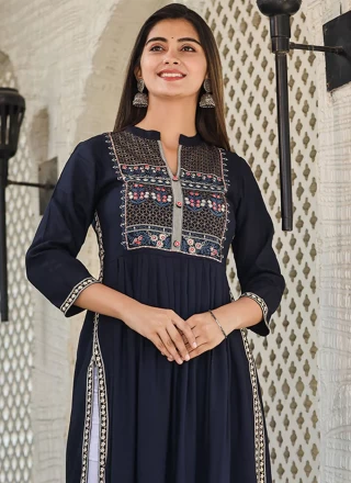 Rayon Embroidered Party Wear Kurti in Navy Blue