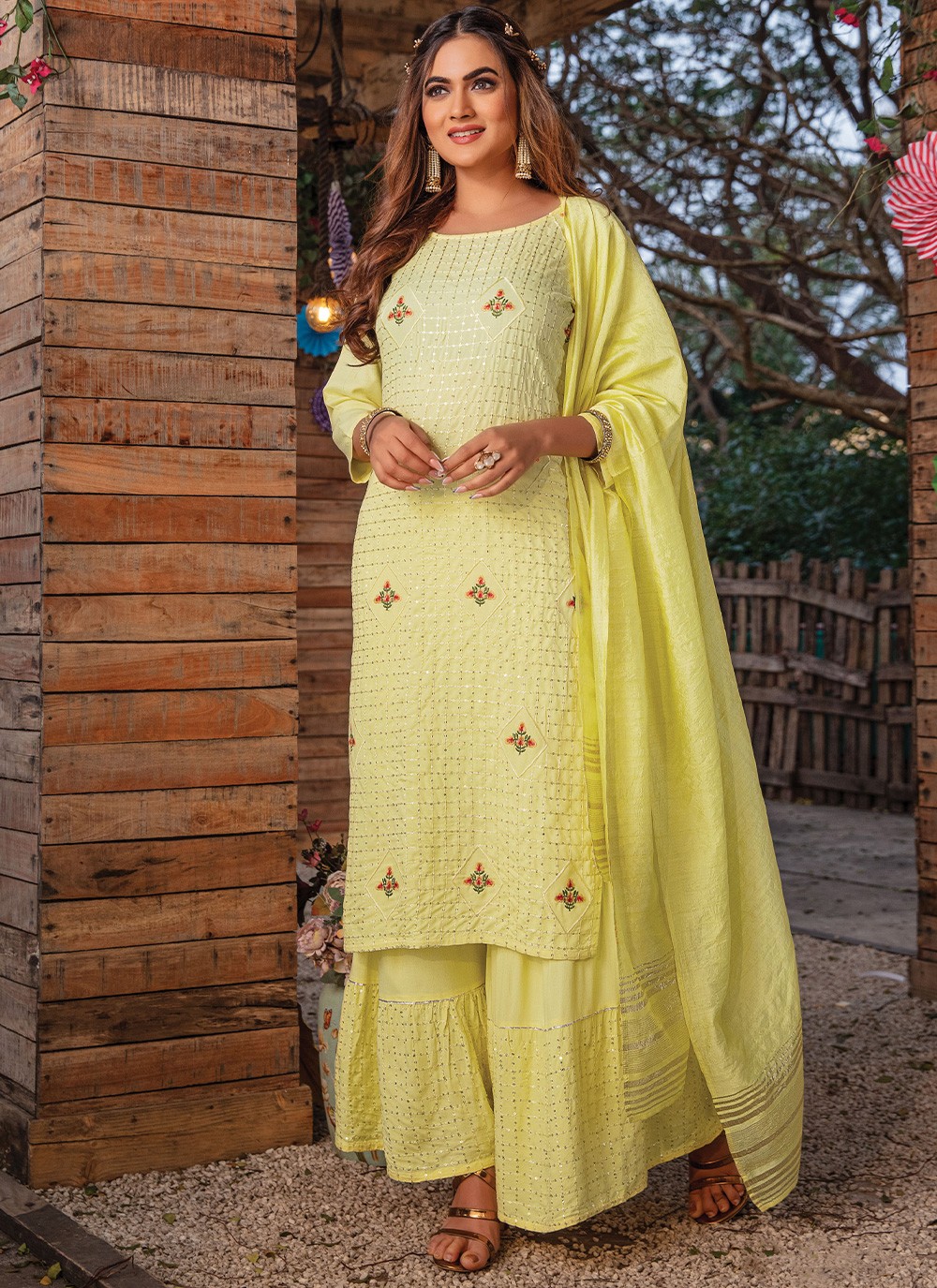 Rayon Embroidered Readymade Salwar Kameez in Yellow