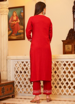 Rayon Embroidered Trendy Salwar Kameez in Red
