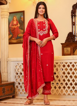 Rayon Embroidered Trendy Salwar Kameez in Red