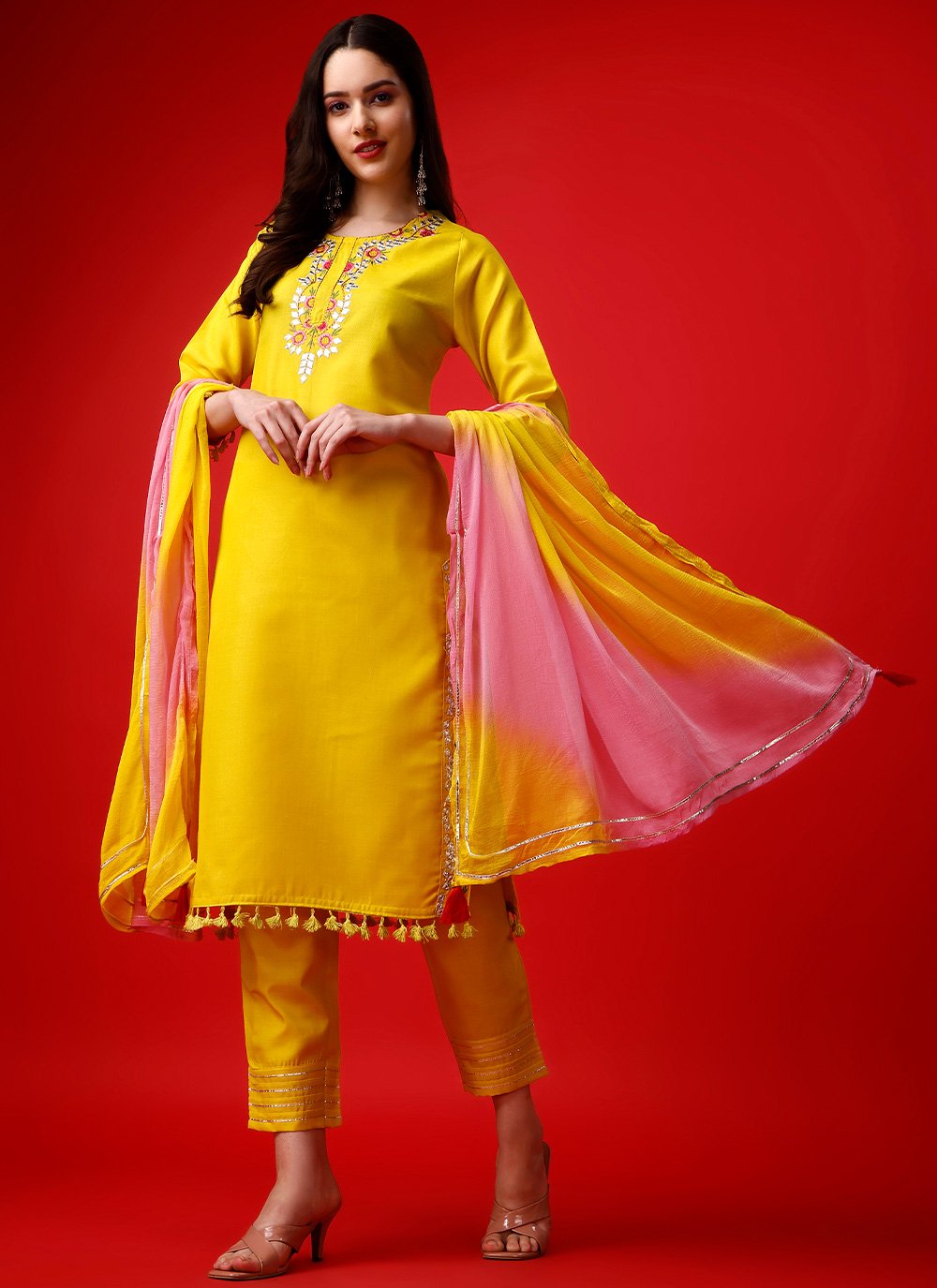 Rayon Embroidered Yellow Readymade Style