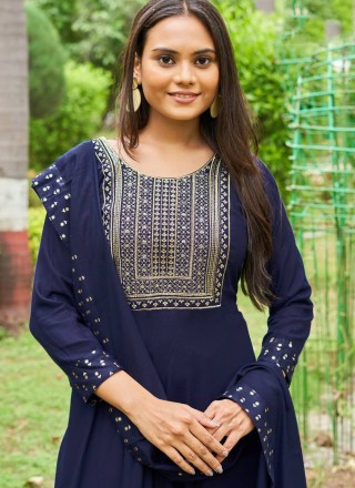 Rayon Navy Blue Embroidered Gown