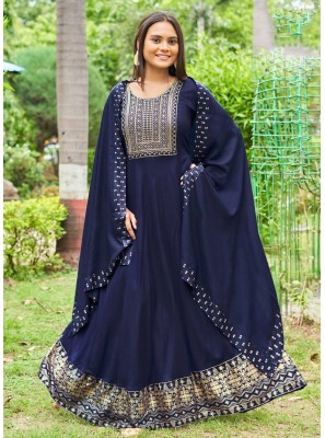 Rayon Navy Blue Embroidered Gown 