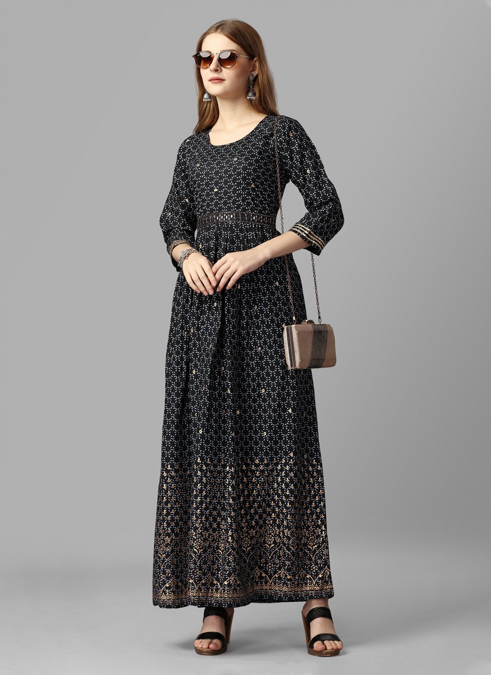 Rayon Printed Trendy Gown in Black