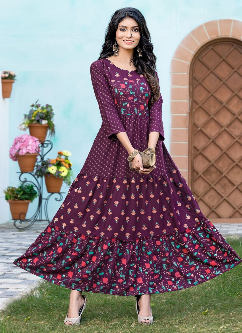 Shop Online Rayon Purple Printed Readymade Gown : 250233 -