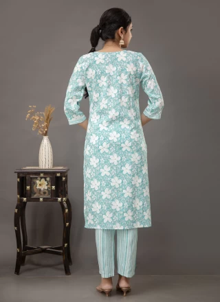 Rayon Sea Green Printed Pant Style Suit
