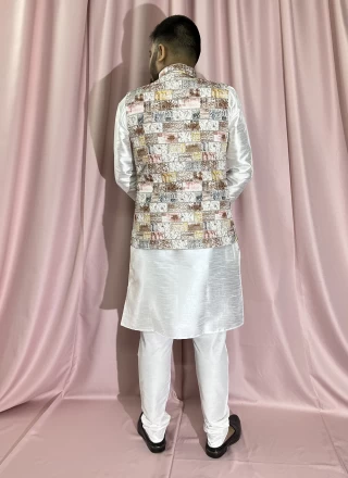 Rayon Thread Work Cream and White Kurta Payjama With Jacket