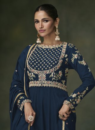 Readymade Gown Embroidered Silk in Blue