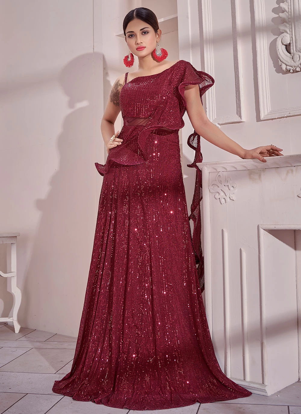 Readymade Gown Sequins Imported in Maroon