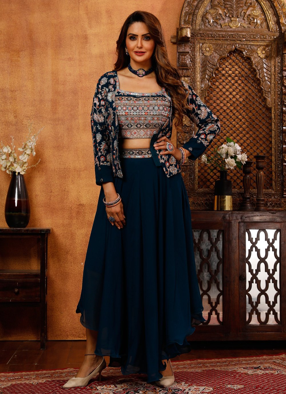Buy FUSIONIC Blue Machine Embroidery Lehenga Choli With Sequins Embellished  For Women at Amazon.in
