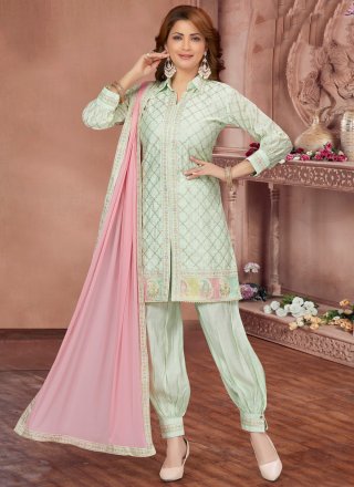 Green Embroidered Readymade Punjabi Suit In Net Latest 3898SL01