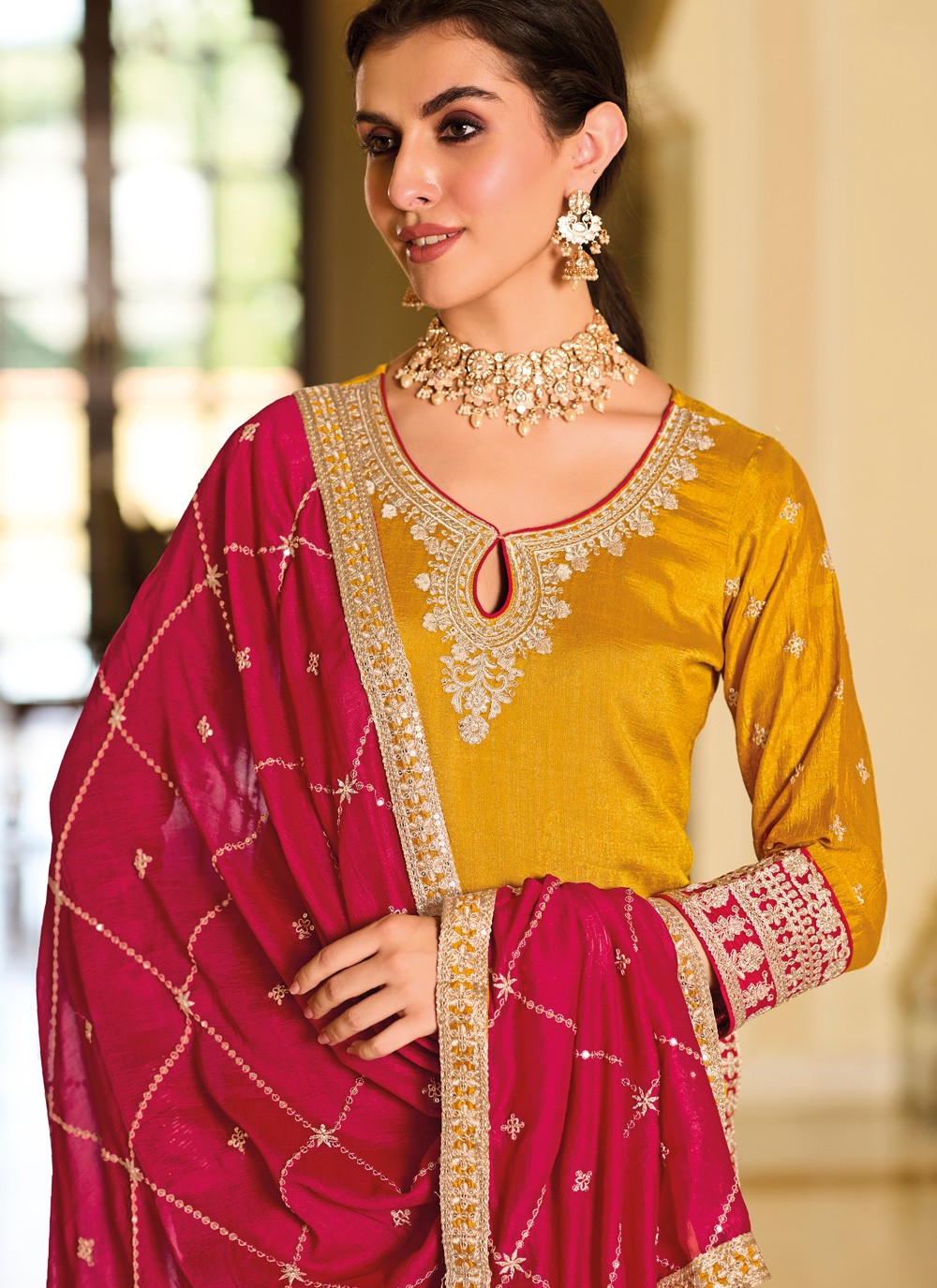 Buy Readymade Salwar Kameez Resham Silk In Mustard Online