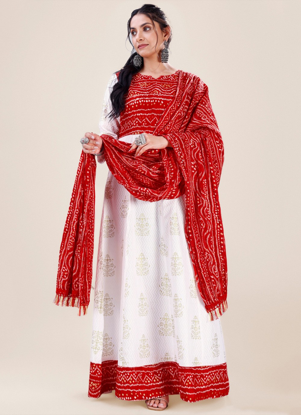 Red and White Bandhej Trendy Gown