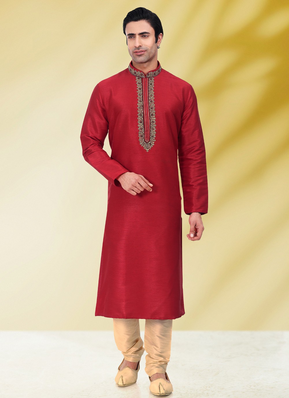 Red Art Banarasi Silk Embroidered Kurta Pyjama