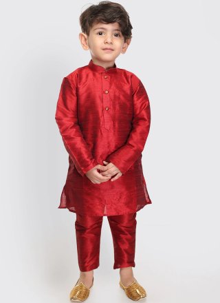 Red Art Dupion Silk Kurta Pyjama In Plain