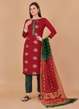 Red Banarasi Silk Casual Salwar Suit