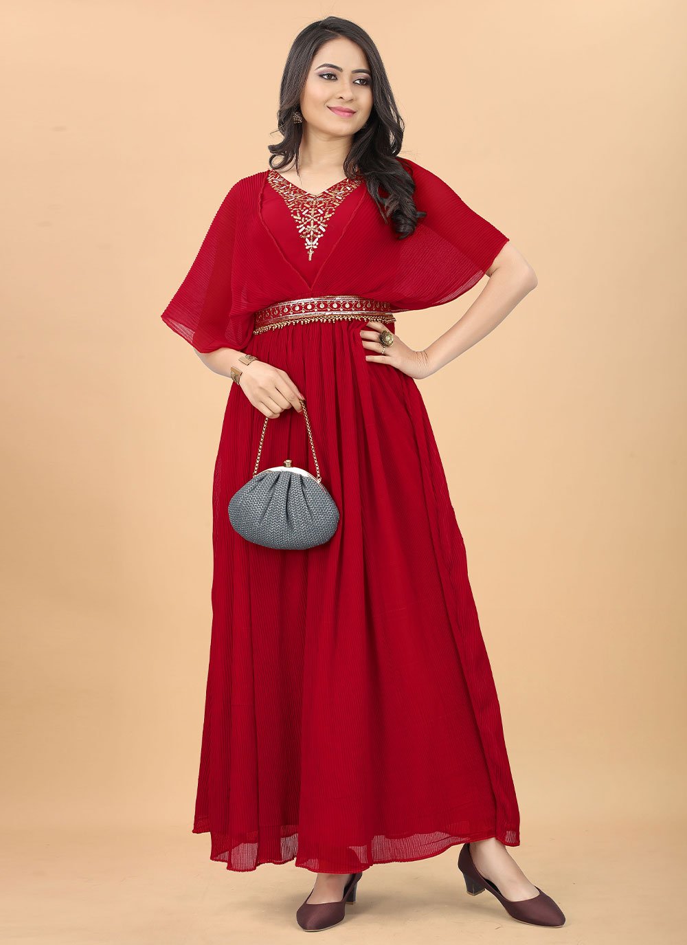 Red Ceremonial Georgette Designer Gown