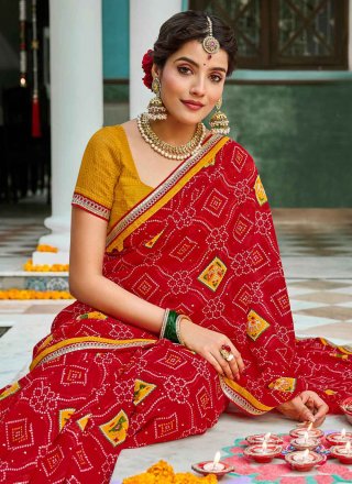 Red Chiffon Print Work Designer Sari
