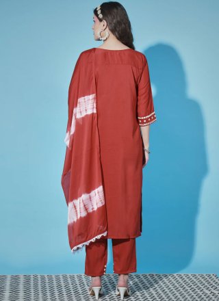 Red Chinon Readymade Salwar Suit with Embroidered and Mirror Work