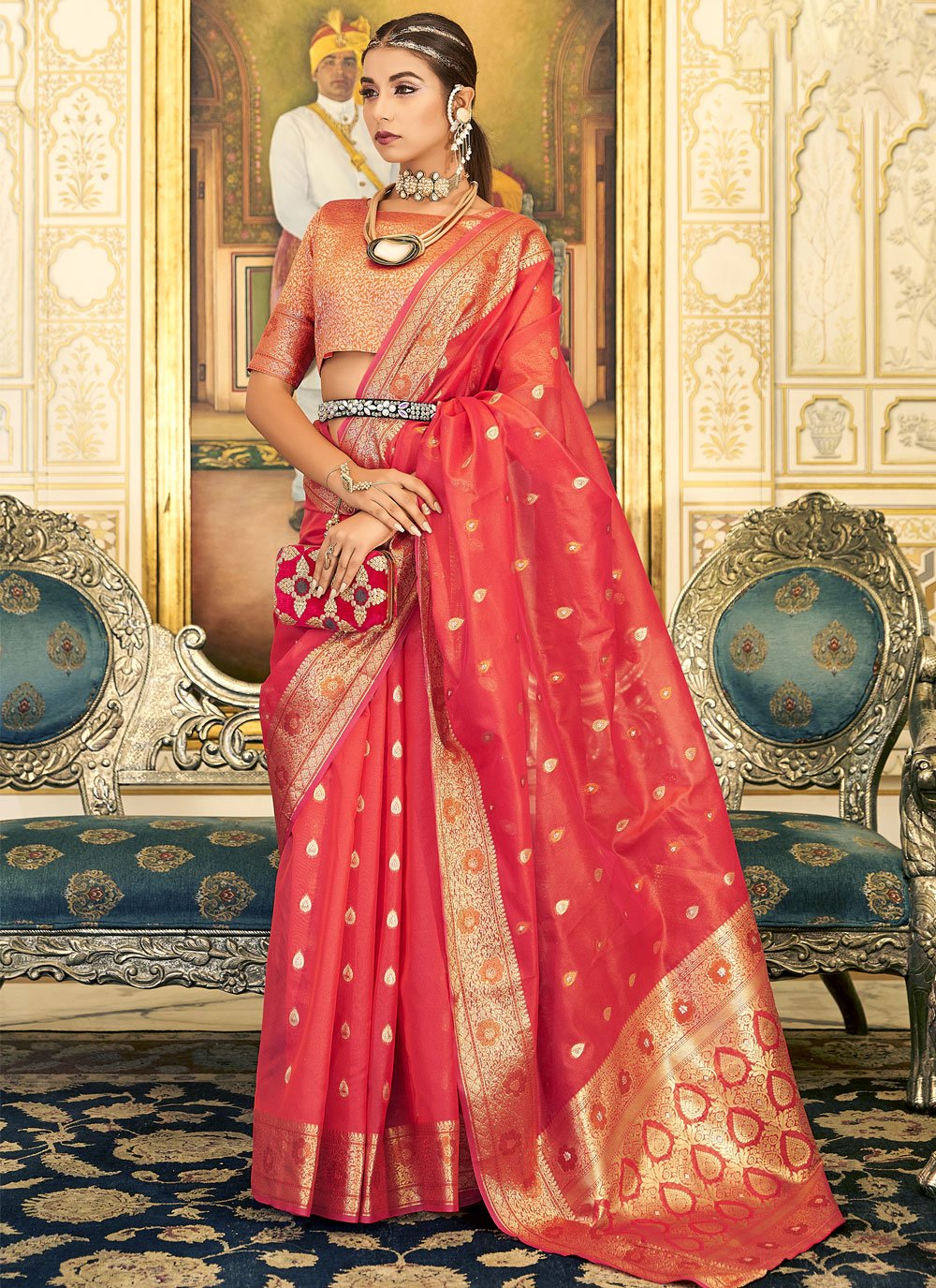 Red Coloured Bandhej Silk with Weaving Gold Zari Border Rich Pallu wit –  Royskart