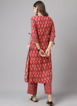 Red Cotton Casual Kurti with Print Work