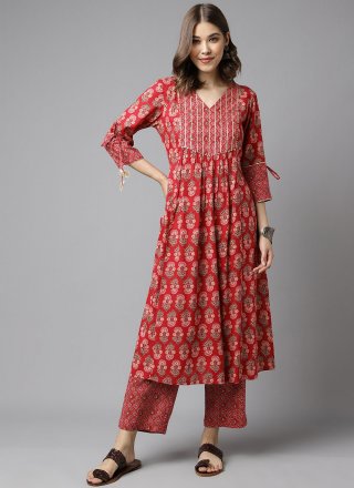Red Cotton Casual Kurti with Print Work