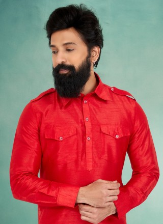 Red Dupion Silk Plain Kurta Pyjama