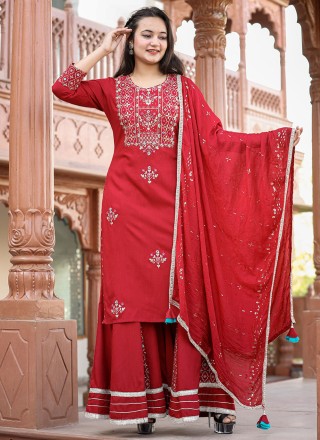Red Embroidered Ceremonial Palazzo Salwar Kameez