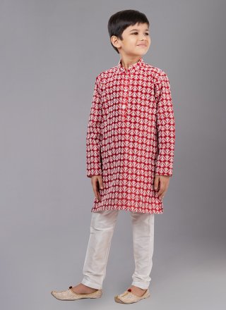 Red Embroidered Cotton Silk Kurta Pyjama