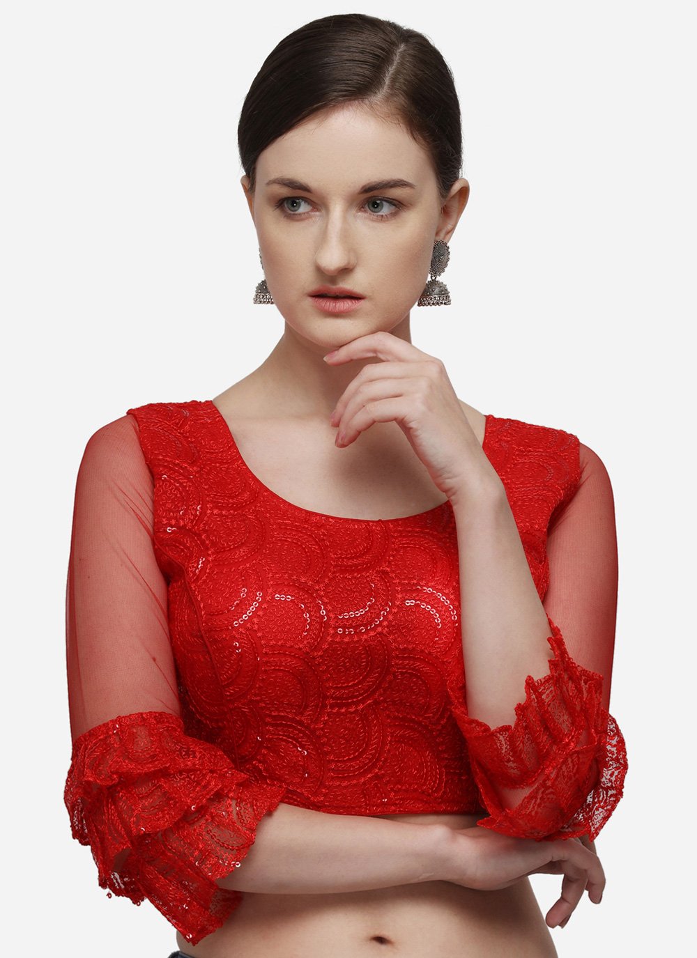 Red Embroidered Net Blouse