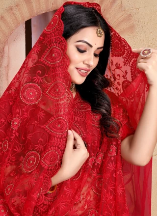 Red Embroidered Net Contemporary Saree