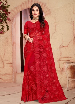 Red Embroidered Net Contemporary Saree