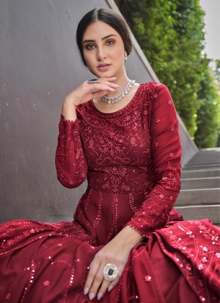 Red Embroidered Party Floor Length Gown