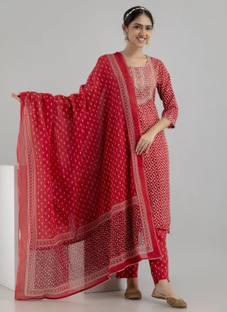 Red Embroidered Rayon Pant Style Suit