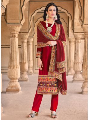Red Embroidered Velvet Straight Salwar Kameez