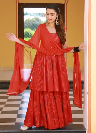 Red Festival Cotton Readymade Designer Salwar Suit