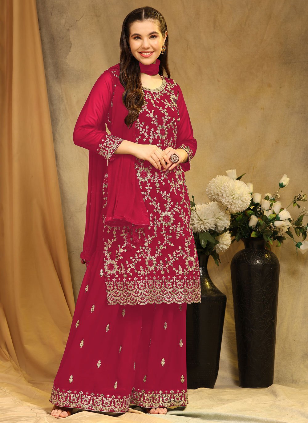 Red Georgette Embroidered Work Palazzo Salwar Suit