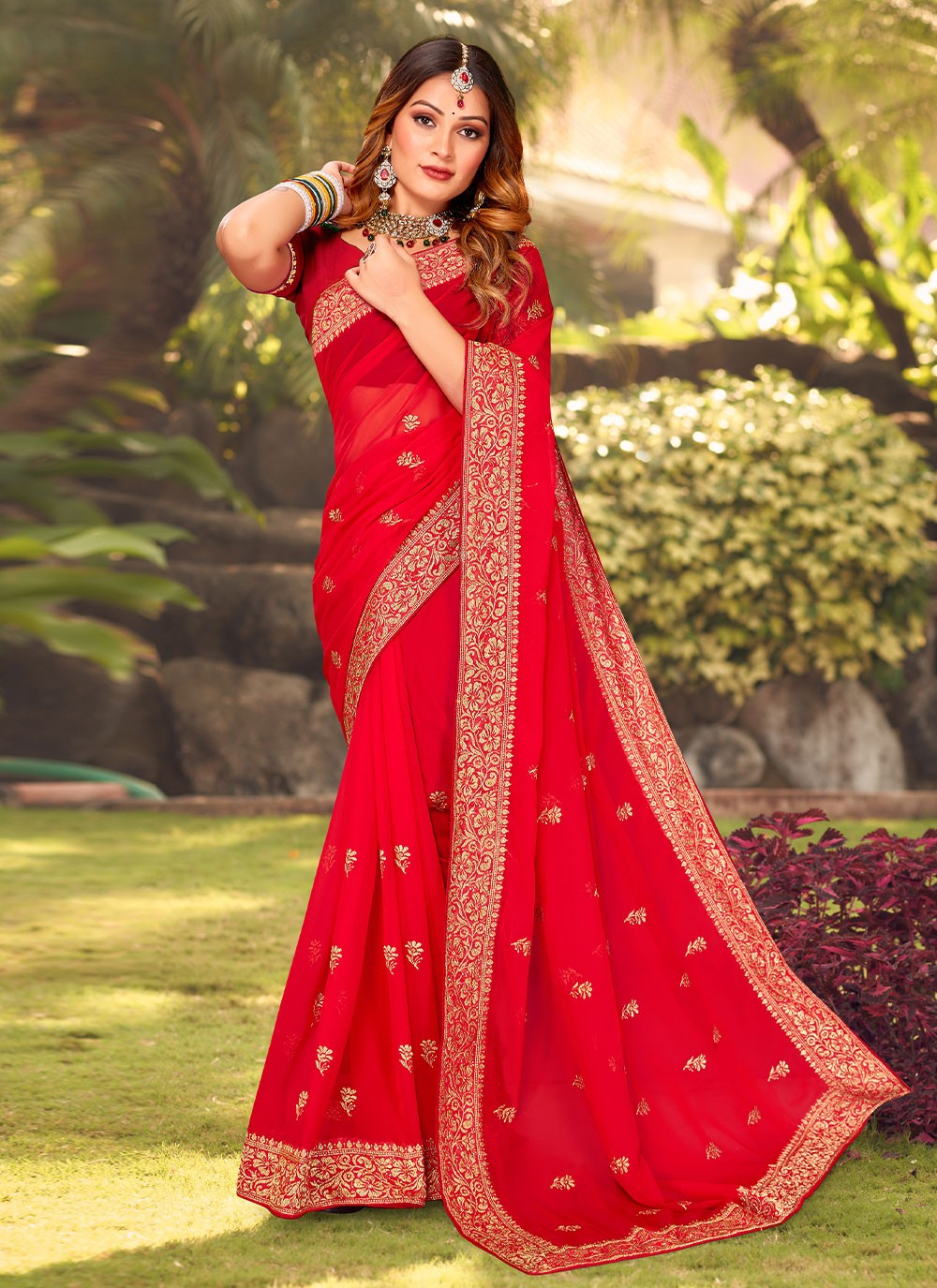 Shiraz Red Georgette Leheriya Printed Saree with Embroidered Blouse –  MySilkLove