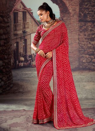 Red Georgette Patch Border and Embroidered Work Casual Saree for Casual