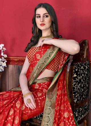 Red Katan Silk Mehndi Contemporary Style Saree